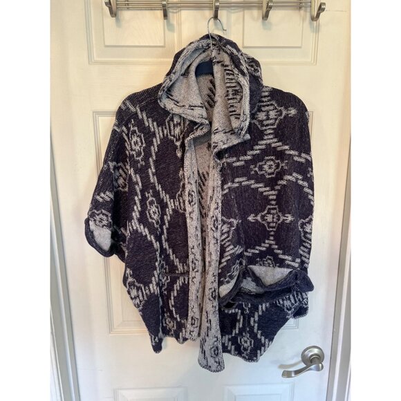 Roxy Blue Hooded Cardigan Sweater Oversized Southwest Aztec Cape Poncho Beach - Picture 1 of 8